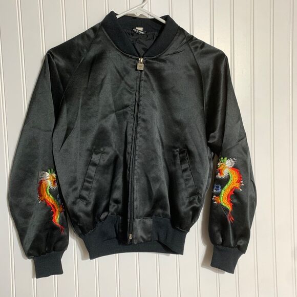 Vintage Korea Souvenir Embroidered Satin Bomber Jacket Military Style Size 13/14 - Picture 2 of 13